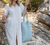 Duck egg blue linen canvas bags designed and made for long, comfortable and sustainable use.&nbsp; Whether you're going to the beach, planning a visit to the organic market, or taking your baked cake to friends, our linen bag is always perfect for you.